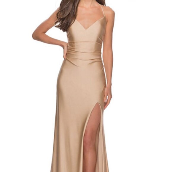 La Femme Dresses & Skirts - La Femme Open-Back V-Neck Satin Maxi Dress in Nude – Size 4